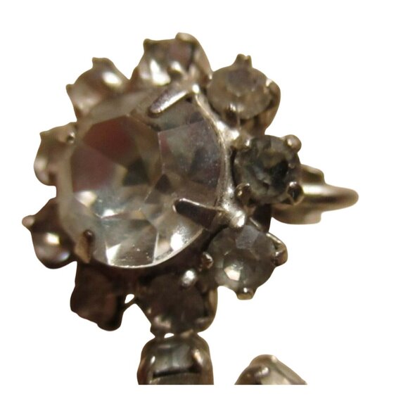 Estate Vintage Silver-Tone Rhinestone Clip-On Earrings Sparkling Floral Design - Picture 2 of 4